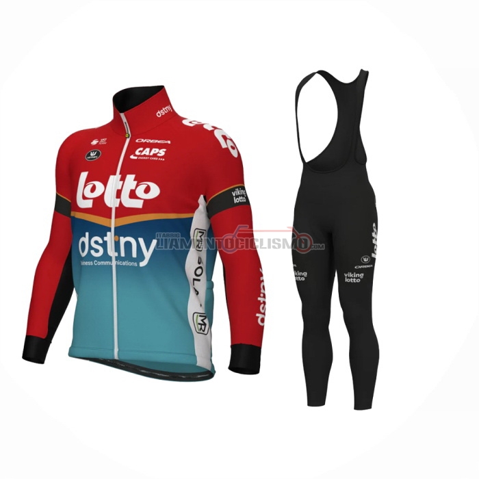 2024 Abbigliamento Ciclismo Lotto Dstny Azzurro Rosso Manica Lunga e Salopette